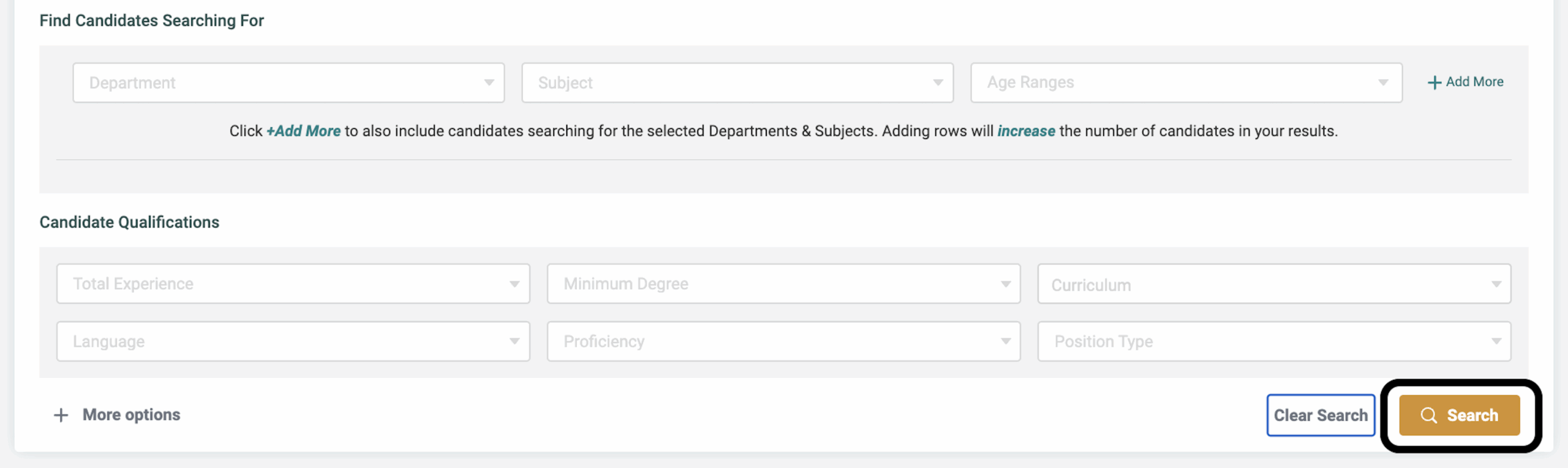 Highlights orange candidate search button.